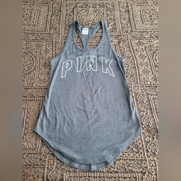 PINK Victoria's Secret Grey Ribbed Racer Back Tank Top | Size XS | Like New - Picture 2 of 4